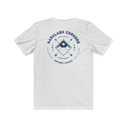 Karalash Corners, Ontario.  Canada. Navy on White, Gender Neutral, T-shirt, Designed by Small Town Rag.-SMALL TOWN RAG