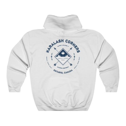 Karalash Corners, Ontario.  Canada.  Navy on White, Pull-over Hoodie, Hooded Sweater Shirt, Gender Neutral.-SMALL TOWN RAG