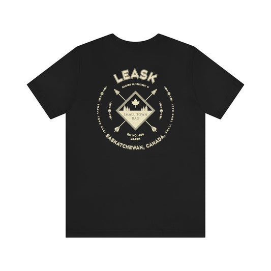 Leask, Saskatchewan. Canada. Cream on Black, Gender Neutral, T-shirt, Designed by Small Town Rag.