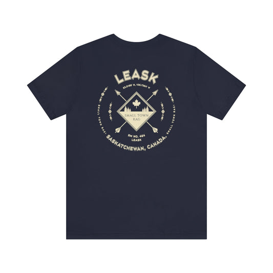 Leask, Saskatchewan. Canada. Cream on Navy, Gender Neutral, T-shirt, Designed by Small Town Rag.