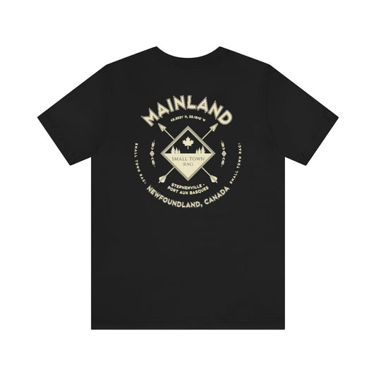 Mainland, Newfoundland.  Canada. Cream on Black, Gender Neutral, T-shirt, Designed by Small Town Rag.-SMALL TOWN RAG