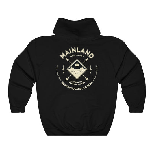 Mainland, Newfoundland.  Canada.  Cream on Black, Pull-over Hoodie, Hooded Sweater Shirt, Gender Neutral.-SMALL TOWN RAG