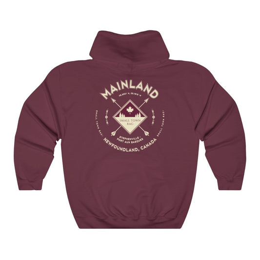 Mainland, Newfoundland.  Canada.  Cream on Maroon, Pull-over Hoodie, Hooded Sweater Shirt, Gender Neutral.-SMALL TOWN RAG