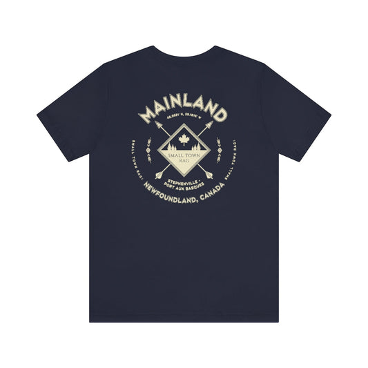 Mainland, Newfoundland.  Canada. Cream on Navy, Gender Neutral, T-shirt, Designed by Small Town Rag.-SMALL TOWN RAG