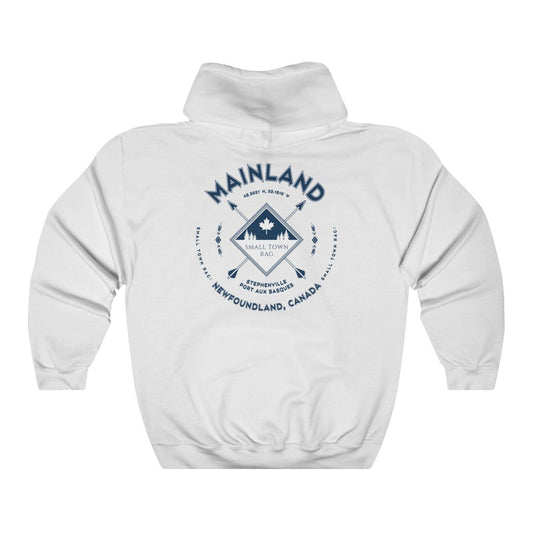 Mainland, Newfoundland.  Canada.  Navy on White, Pull-over Hoodie, Hooded Sweater Shirt, Gender Neutral.-SMALL TOWN RAG