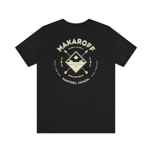 Makaroff, Manitoba.  Canada.  Cream on Black, Gender Neutral, T-shirt, Designed by Small Town Rag.