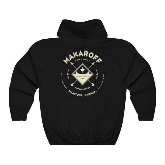 Makaroff, Manitoba.  Canada.  Cream on Black, Pull-over Hoodie, Hooded Sweater Shirt, Gender Neutral.