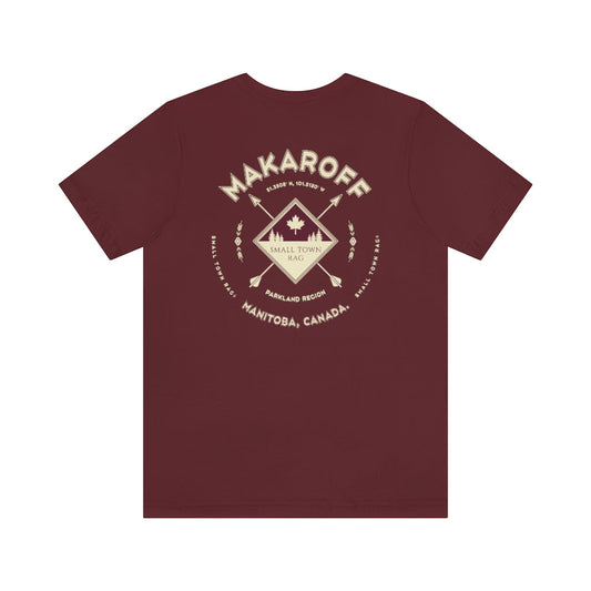 Makaroff, Manitoba.  Canada.  Cream on Maroon, Gender Neutral, T-shirt, Designed by Small Town Rag.