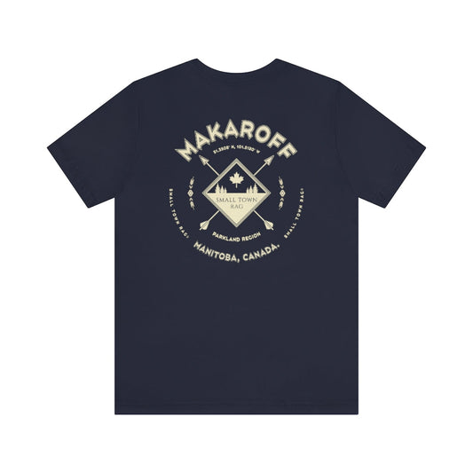 Makaroff, Manitoba.  Canada.  Cream on Navy, Gender Neutral, T-shirt, Designed by Small Town Rag.