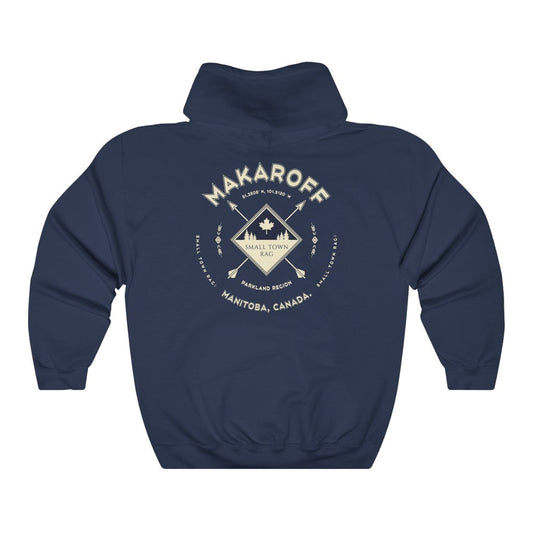 Makaroff, Manitoba.  Canada.  Cream on Navy, Pull-over Hoodie, Hooded Sweater Shirt, Gender Neutral.