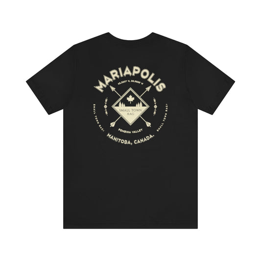 Mariapolis, Manitoba.  Canada.  Cream on Black, Gender Neutral, T-shirt, Designed by Small Town Rag.