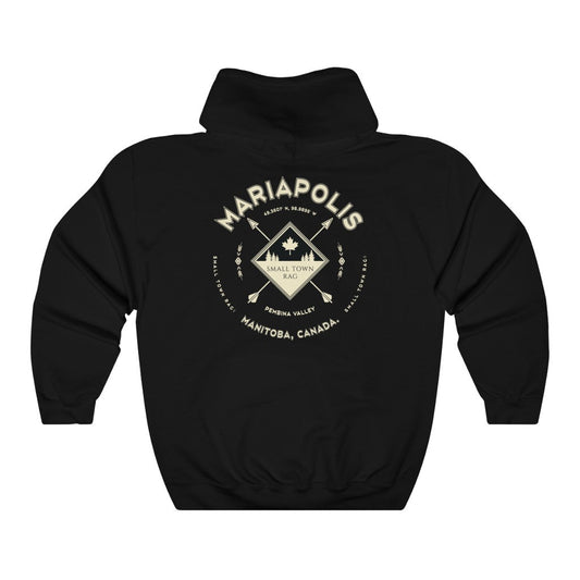 Mariapolis, Manitoba.  Canada.  Cream on Black, Pull-over Hoodie, Hooded Sweater Shirt, Gender Neutral.
