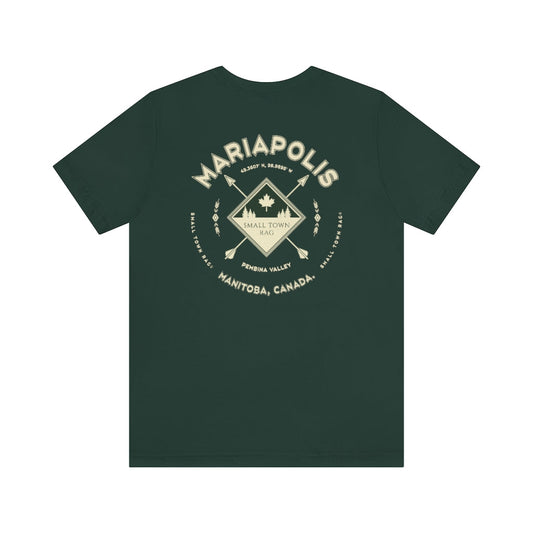 Mariapolis, Manitoba.  Canada.  Cream on Forest Green, Gender Neutral, T-shirt, Designed by Small Town Rag.