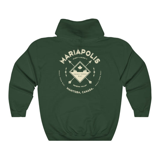 Mariapolis, Manitoba.  Canada.  Cream on Forest Green, Pull-over Hoodie, Hooded Sweater Shirt, Gender Neutral.