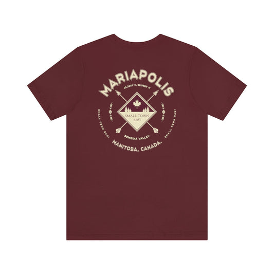 Mariapolis, Manitoba.  Canada.  Cream on Maroon, Gender Neutral, T-shirt, Designed by Small Town Rag.