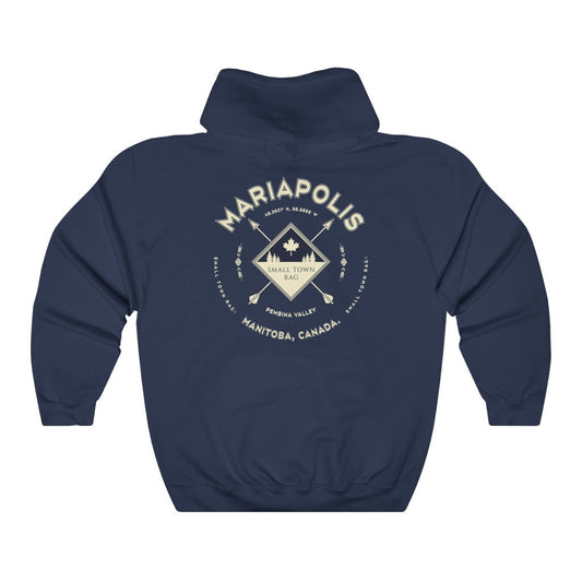 Mariapolis, Manitoba.  Canada.  Cream on Navy, Pull-over Hoodie, Hooded Sweater Shirt, Gender Neutral.