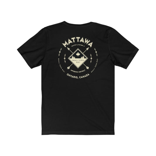 Mattawa, Ontario.  Canada. Cream on Black, Gender Neutral, T-shirt, Designed by Small Town Rag.-SMALL TOWN RAG