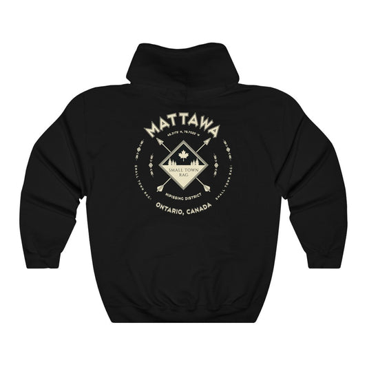 Mattawa, Ontario.  Canada.  Cream on Black, Pull-over Hoodie, Hooded Sweater Shirt, Gender Neutral.-SMALL TOWN RAG