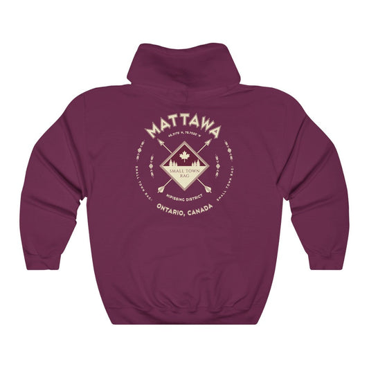 Mattawa, Ontario.  Canada.  Cream on Maroon, Pull-over Hoodie, Hooded Sweater Shirt, Gender Neutral.-SMALL TOWN RAG