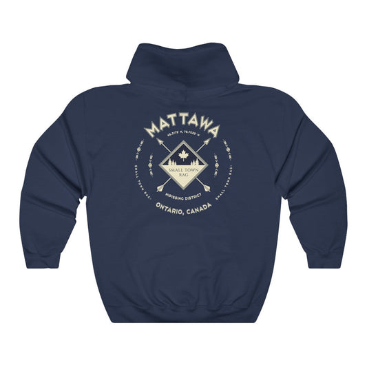 Mattawa, Ontario.  Canada.  Cream on Navy, Pull-over Hoodie, Hooded Sweater Shirt, Gender Neutral.-SMALL TOWN RAG