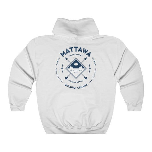 Mattawa, Ontario.  Canada.  Navy on White, Pull-over Hoodie, Hooded Sweater Shirt, Gender Neutral.-SMALL TOWN RAG