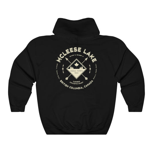 McLeese Lake, British Columbia.  Canada.  Cream on Black, Pull-over Hoodie, Hooded Sweater Shirt, Gender Neutral.-SMALL TOWN RAG