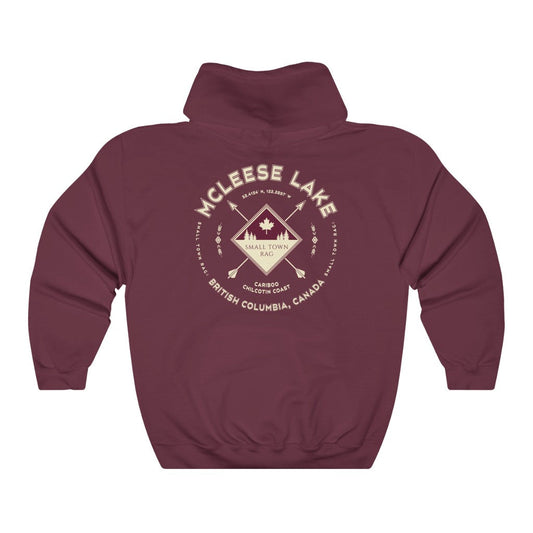 McLeese Lake, British Columbia.  Canada.  Cream on Maroon, Pull-over Hoodie, Hooded Sweater Shirt, Gender Neutral.-SMALL TOWN RAG