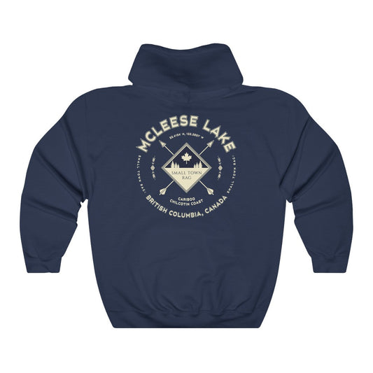 McLeese Lake, British Columbia.  Canada.  Cream on Navy, Pull-over Hoodie, Hooded Sweater Shirt, Gender Neutral.-SMALL TOWN RAG