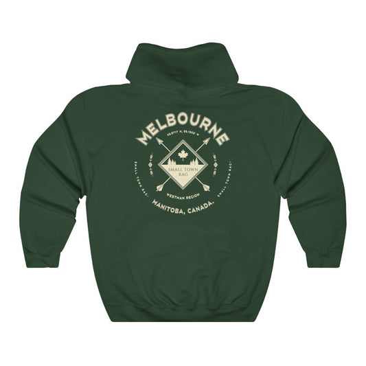 Melbourne, Manitoba.  Canada.  Cream on Forest Green, Pull-over Hoodie, Hooded Sweater Shirt, Gender Neutral.
