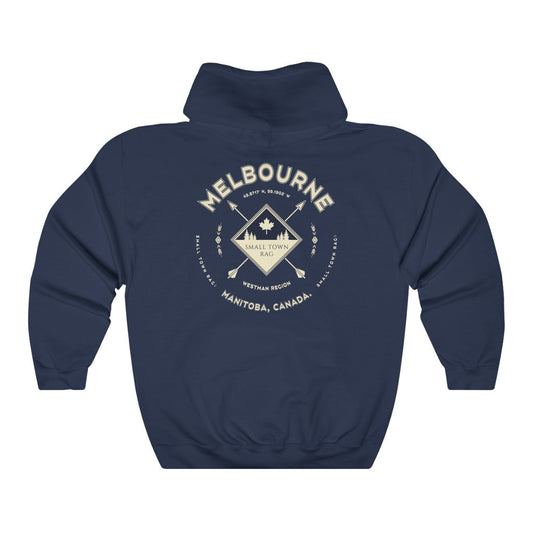 Melbourne, Manitoba.  Canada.  Cream on Navy, Pull-over Hoodie, Hooded Sweater Shirt, Gender Neutral.