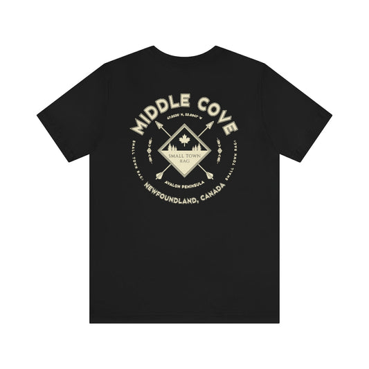 Middle Cove, Newfoundland.  Canada. Cream on Black, Gender Neutral, T-shirt, Designed by Small Town Rag.-SMALL TOWN RAG