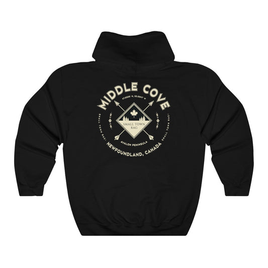 Middle Cove, Newfoundland.  Canada.  Cream on Black, Pull-over Hoodie, Hooded Sweater Shirt, Gender Neutral.-SMALL TOWN RAG