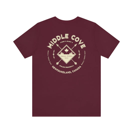 Middle Cove, Newfoundland.  Canada. Cream on Maroon, Gender Neutral, T-shirt, Designed by Small Town Rag.-SMALL TOWN RAG
