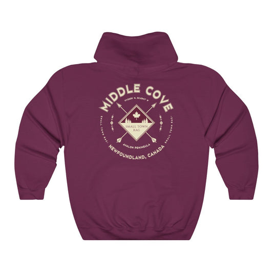 Middle Cove, Newfoundland.  Canada.  Cream on Maroon, Pull-over Hoodie, Hooded Sweater Shirt, Gender Neutral.-SMALL TOWN RAG