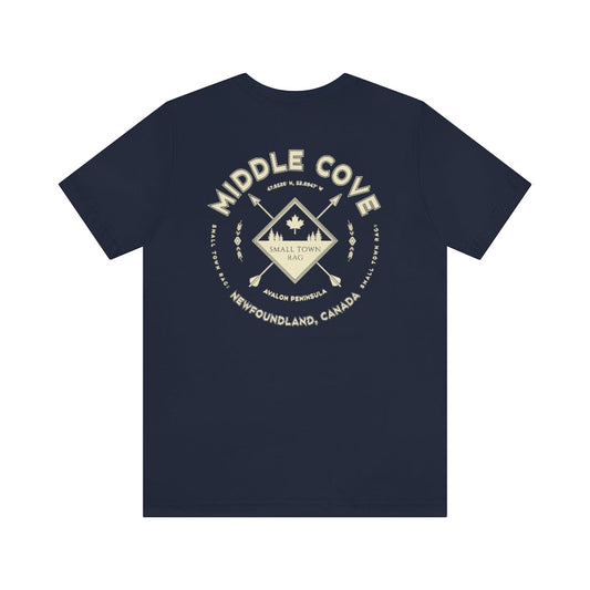 Middle Cove, Newfoundland.  Canada. Cream on Navy, Gender Neutral, T-shirt, Designed by Small Town Rag.-SMALL TOWN RAG