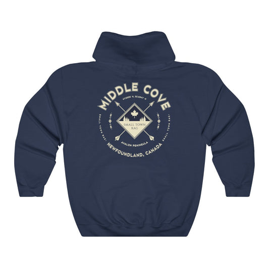 Middle Cove, Newfoundland.  Canada.  Cream on Navy, Pull-over Hoodie, Hooded Sweater Shirt, Gender Neutral.-SMALL TOWN RAG
