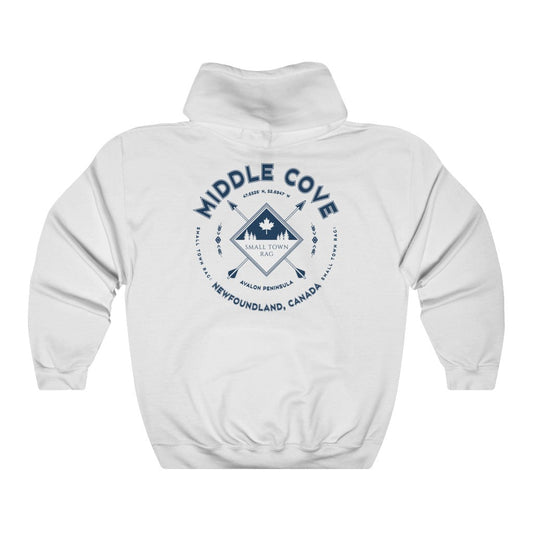 Middle Cove, Newfoundland.  Canada.  Navy on White, Pull-over Hoodie, Hooded Sweater Shirt, Gender Neutral.-SMALL TOWN RAG