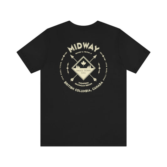 Midway, British Columbia.  Canada. Cream on Black, Gender Neutral, T-shirt, Designed by Small Town Rag.-SMALL TOWN RAG