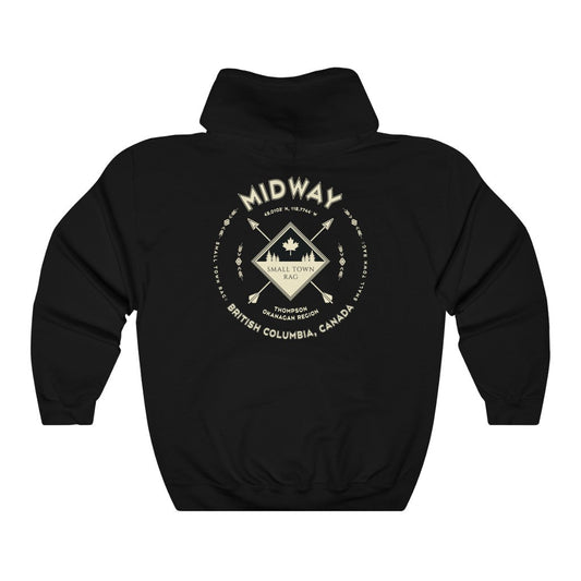 Midway, British Columbia.  Canada.  Cream on Black, Pull-over Hoodie, Hooded Sweater Shirt, Gender Neutral.-SMALL TOWN RAG