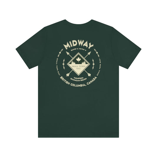 Midway, British Columbia.  Canada. Cream on Forest Green, Gender Neutral, T-shirt, Designed by Small Town Rag.-SMALL TOWN RAG