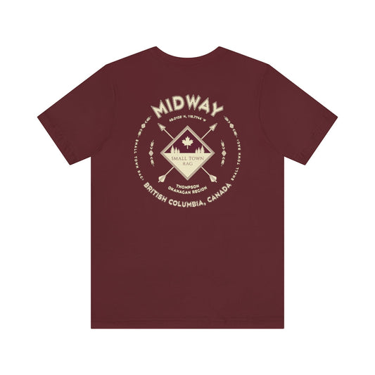 Midway, British Columbia.  Canada. Cream on Maroon, Gender Neutral, T-shirt, Designed by Small Town Rag.-SMALL TOWN RAG