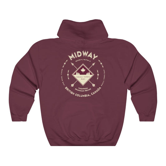 Midway, British Columbia.  Canada.  Cream on Maroon, Pull-over Hoodie, Hooded Sweater Shirt, Gender Neutral.-SMALL TOWN RAG