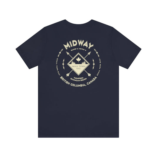 Midway, British Columbia.  Canada. Cream on Navy, Gender Neutral, T-shirt, Designed by Small Town Rag.-SMALL TOWN RAG