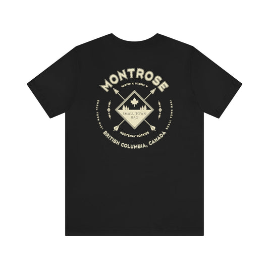 Montrose, British Columbia.  Canada. Cream on Black, Gender Neutral, T-shirt, Designed by Small Town Rag.-SMALL TOWN RAG