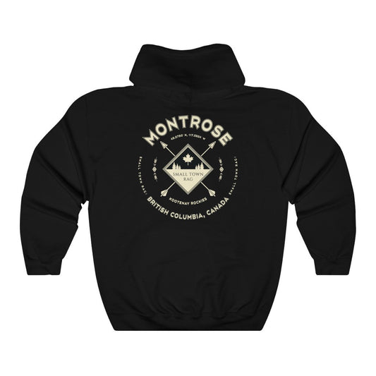 Montrose, British Columbia.  Canada.  Cream on Black, Pull-over Hoodie, Hooded Sweater Shirt, Gender Neutral.-SMALL TOWN RAG
