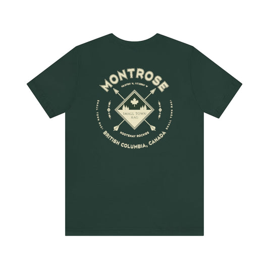 Montrose, British Columbia.  Canada. Cream on Forest Green, Gender Neutral, T-shirt, Designed by Small Town Rag.-SMALL TOWN RAG