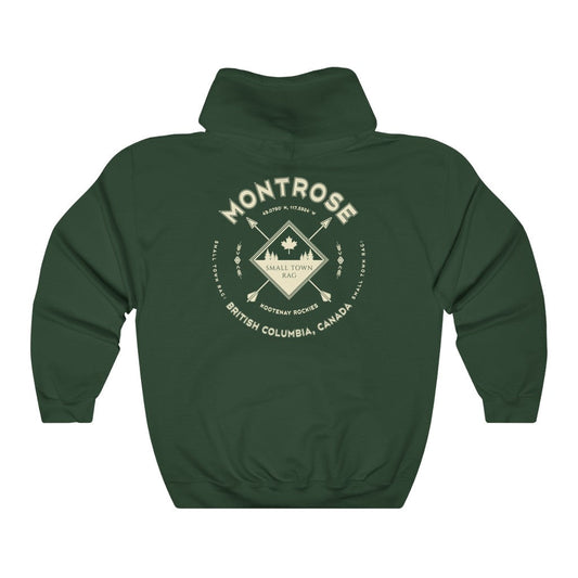 Montrose, British Columbia.  Canada.  Cream on Forest Green, Pull-over Hoodie, Hooded Sweater Shirt, Gender Neutral.-SMALL TOWN RAG