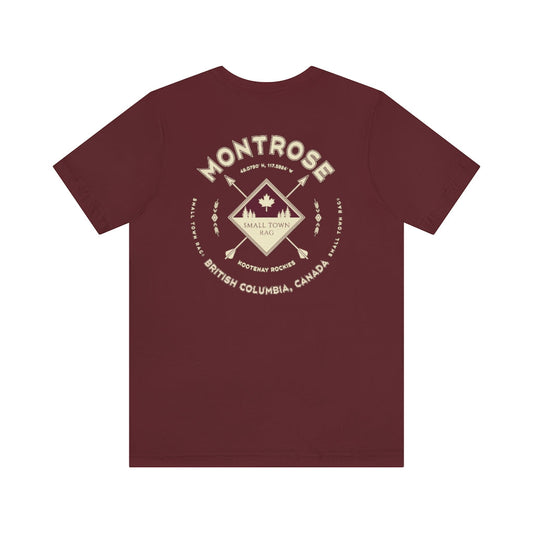 Montrose, British Columbia.  Canada. Cream on Maroon, Gender Neutral, T-shirt, Designed by Small Town Rag.-SMALL TOWN RAG