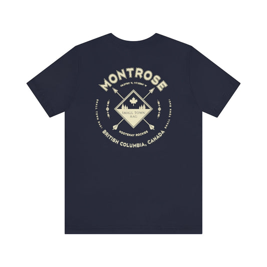 Montrose, British Columbia.  Canada. Cream on Navy, Gender Neutral, T-shirt, Designed by Small Town Rag.-SMALL TOWN RAG