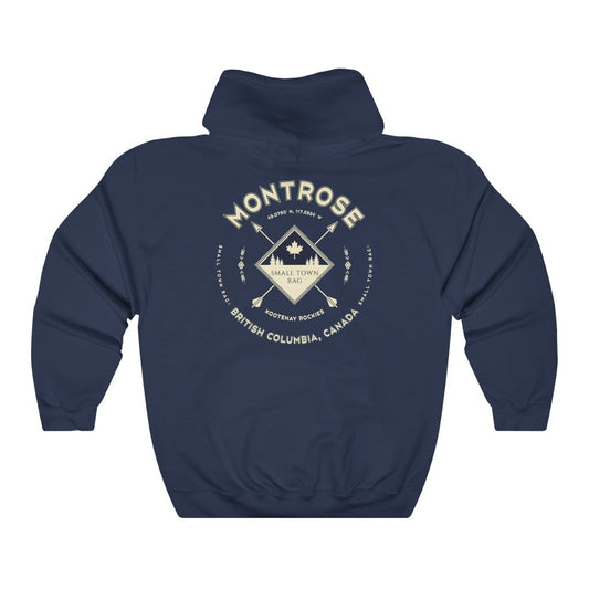 Montrose, British Columbia.  Canada.  Cream on Navy, Pull-over Hoodie, Hooded Sweater Shirt, Gender Neutral.-SMALL TOWN RAG